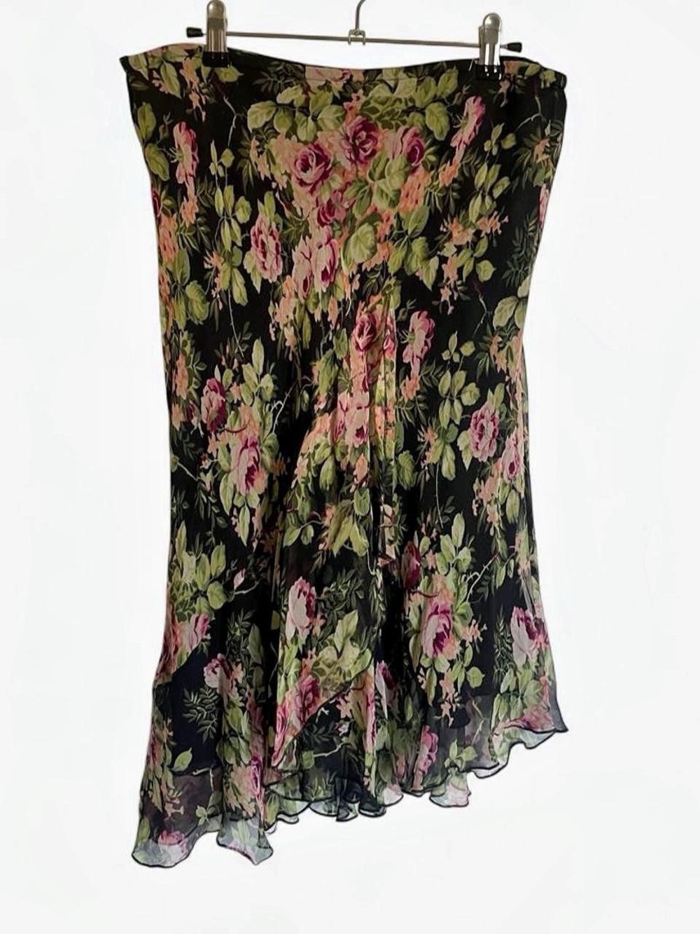 Vintage Y2K Allison Taylor 100% Silk Pink Floral Chiffon Midi Skirt Size L - Picture 1 of 4